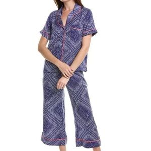 Room Service Pajama Set Women's XS Blue White Hearts Short Sleeve Collar Capri